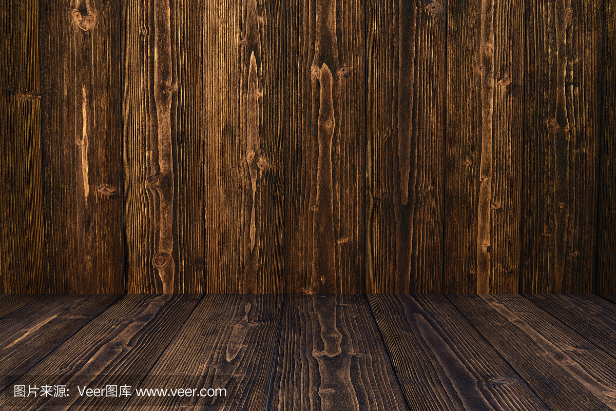 深色木质背景墙和地板。木质质地的产品放在上面。